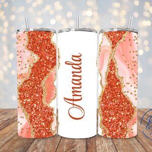 Personalized Orange Tumbler, Glitter Stainless Steel Tumbler, Glitter Travel Mug